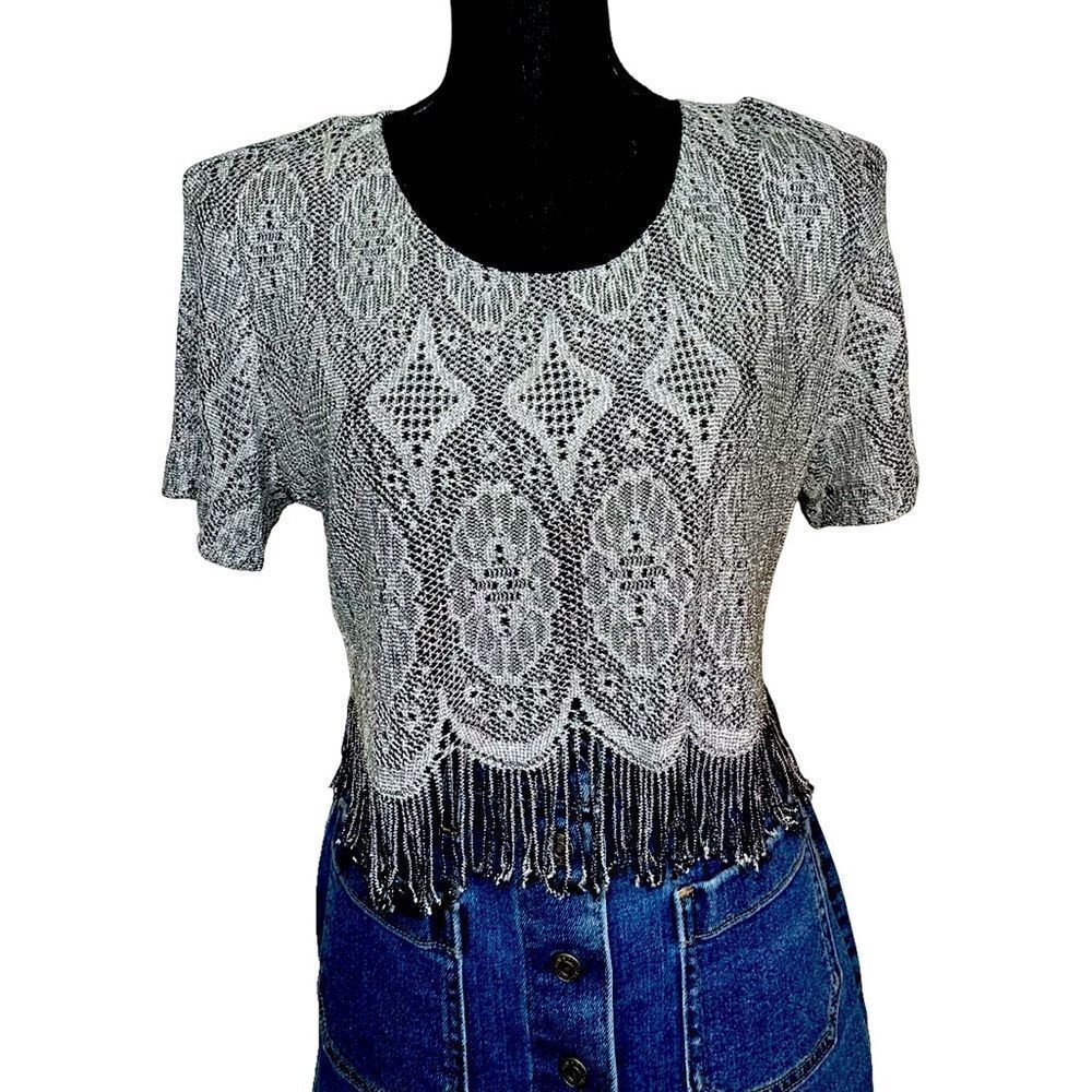 Shair Aide of CA Vintage Metallic Gold Black Lace Crop Top Fringe Hem Size 12
